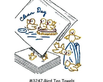 M3247 Bird Tea Towel Embroidery heat transfer pattern Mamaw's