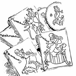 May include: Black and white vintage embroidery pattern featuring poodle designs for tea towels. The image includes several tea towel designs with days of the week, and the text "MaMaw's Vintage Embroidery" and "M3536 - Gay FiFi Tea Towels".
