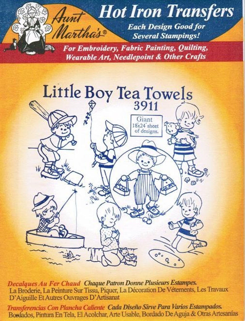Little Boy Tea Towels Aunt Martha's Embroidery Transfer Designs Pattern image 1