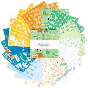 May include: A collection of colorful fabric squares with various patterns, including animals, rainbows, and trees. The fabric squares are arranged in a circular pattern, with a label in the center that reads "Two by Two". The fabrics are in shades of blue, yellow, orange, and green.