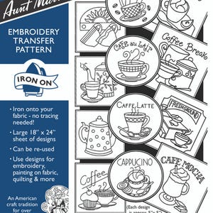 May include: A black and white Aunt Martha's embroidery transfer pattern sheet titled #3997 Java Break. The 18 inch by 24 inch sheet features multiple coffee-themed designs including cups, mugs, and text labels like Espresso and Cafe au Lait.