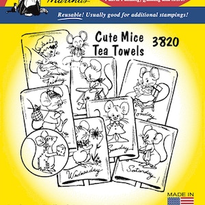 Cute Mouse Tea Towels Aunt Martha&#39;s Embroidery Transfer pattern #3820