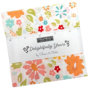 May include: A stack of fabric squares with a floral pattern in orange, pink, blue, and green on a white background. The fabric is labeled "Delightfully Yours" by Sherri & Chelsi.