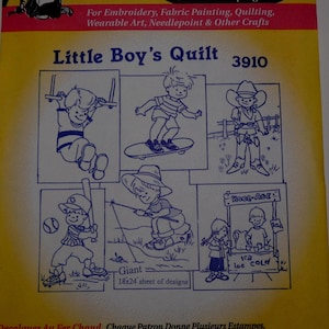 May include: A vintage Aunt Martha's "Little Boy's Quilt" hot iron transfer sheet. The sheet features several line drawings of children engaged in various activities, including skateboarding, baseball, and fishing. The sheet measures 18x24 inches.