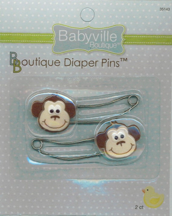 Playful Friends Monkey Babyville Boutique Diaper Pins for Cloth Diapers and  Crafts 2 per Package 