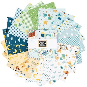 May include: A collection of fabric squares in various patterns and colors, including blue, green, and yellow. The squares feature baby-themed designs such as moons, stars, and animals. The center of the stack has a label that reads "BABY BOY".