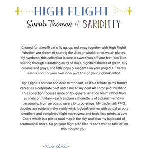 Pode incluir: A imagem apresenta o texto "HIGH FLIGHT" e "Sarah Thomas of SARIDITTY" em uma fonte decorativa. O texto descreve uma cole&ccedil;&atilde;o inspirada na avia&ccedil;&atilde;o, com men&ccedil;&otilde;es de azuis, verdes e magenta.