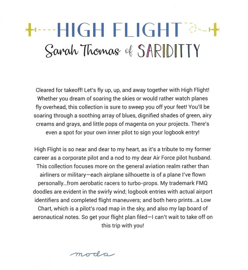 Pode incluir: A imagem apresenta o texto "HIGH FLIGHT" e "Sarah Thomas of SARIDITTY" em uma fonte decorativa. O texto descreve uma cole&ccedil;&atilde;o inspirada na avia&ccedil;&atilde;o, com men&ccedil;&otilde;es de azuis, verdes e magenta.