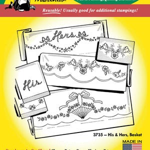 His & Hers, Basket for Pillowcases Aunt Martha&#39;s Embroidery Transfer Designs #3735