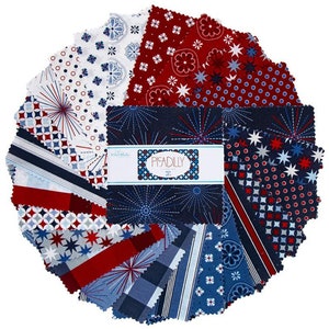 May include: A pack of 42 5-inch fabric squares featuring a variety of red, white, and blue patriotic prints. The prints include stars, stripes, fireworks, and polka dots. The fabric squares are labeled "Picadilly" and are perfect for quilting, crafting, and other sewing projects.