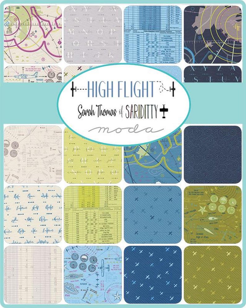 Pode incluir: Uma cole&ccedil;&atilde;o de amostras de tecido com designs tem&aacute;ticos de avia&ccedil;&atilde;o. Os tecidos apresentam mapas, ilustra&ccedil;&otilde;es de avi&otilde;es e texto. A paleta de cores inclui azuis, verdes e tons neutros. O texto "HIGH FLIGHT" e "Sarah Thomas of SARIDITTY" &eacute; exibido em um oval central.