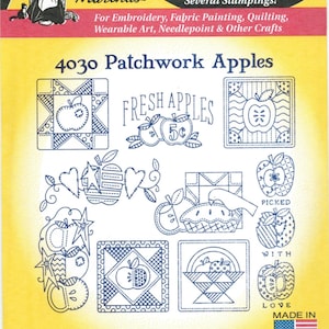 May include: A sheet of iron-on transfer designs featuring a patchwork apple theme. The designs include "Fresh Apples 5c", "Picked", "With Love", and a basket of apples. The sheet is labeled "4030 Patchwork Apples" and "Aunt Martha's Hot Iron Transfers".