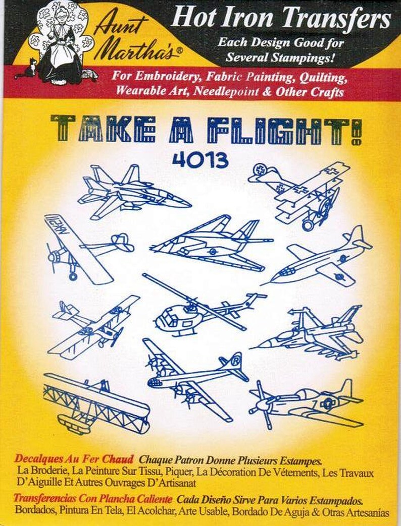 Take a Flight Aunt Martha's Embroidery Transfer Airplane Designs 4013