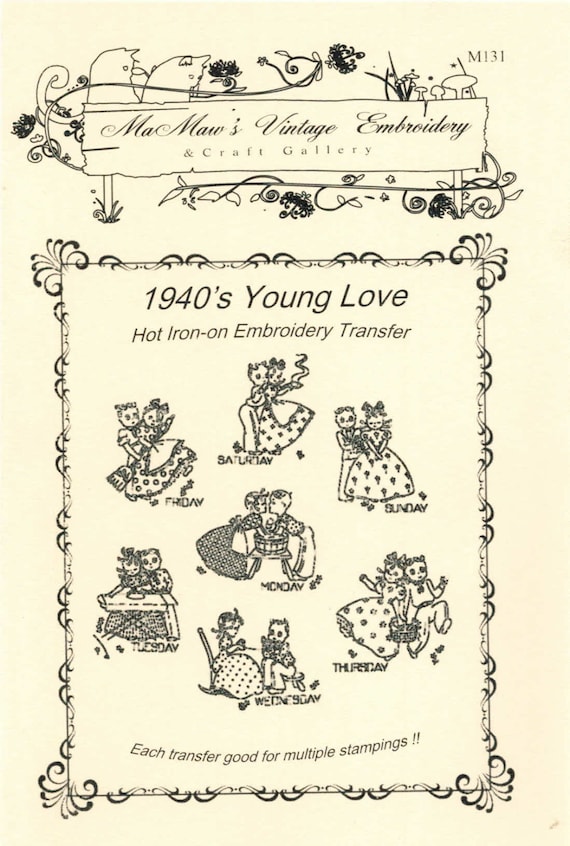 M131 1940's Young Love Days-of-the-week Hot Iron Embroidery Transfers by MaMaw's