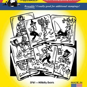 May include: Iron-on transfer sheet with seven designs of a hillbilly couple in various activities, including fishing, gardening, and playing music. The sheet is labeled "3761 - Hillbilly Doin's" and "Made in U.S.A.".