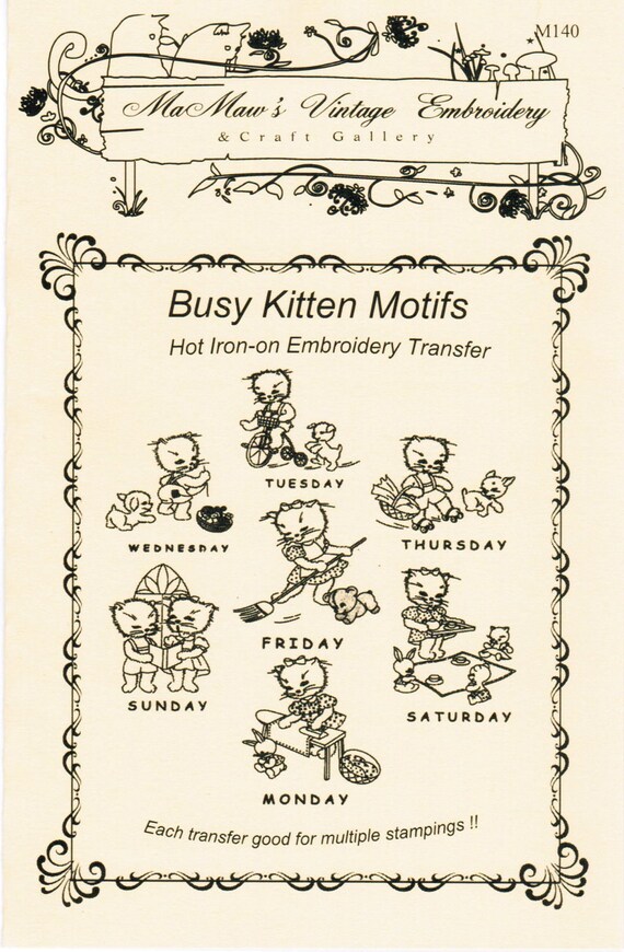 M125 Happy Kitty Cats Tea Towel Embroidery Pattern Hot Iron