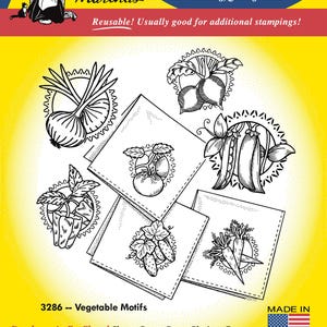 May include: Aunt Martha's iron-on transfer sheet featuring vegetable motifs. The sheet includes designs of an onion, beets, a tomato, pea pods, carrots, and cucumbers. The text reads "Charming Designs for Embroidery, Fabric Painting, Quilting and More!" and "Reusable!"