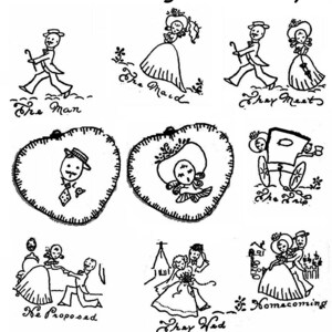 May include: Black and white embroidery pattern designs for a Gay Nineties Bride. The designs include a man and woman walking, a woman in a carriage, a couple getting married, and a couple dancing. The text "M3062-Gay Nineties Bride" is at the bottom of the image.