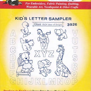Kids Letter Sampler Aunt Martha&#39;s Embroidery Transfer Designs #3926