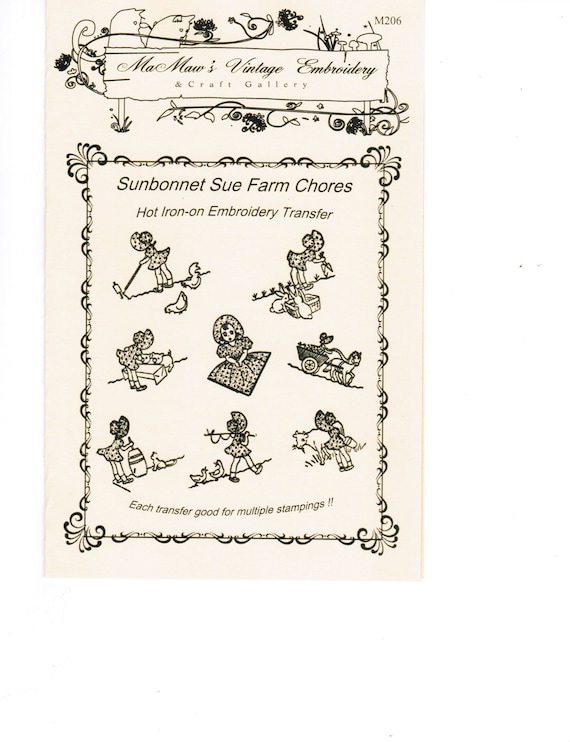 Sunbonnet Sue Farm Chores Hot Iron Embroidery Transfers by MaMaw's Vintage  Embroidery 
