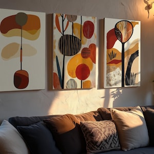 Set of 3 Abstract Boho Wall Art Prints | Terracotta Mustard Orange Beige Botanical Mid Century Poster | Modern DIGITAL DOWNLOAD (B04)