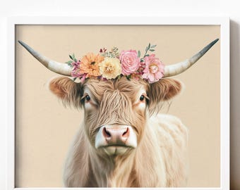 Floral Highland Cow Print: Nursery Animal Wall Art (Digital Download) N1
