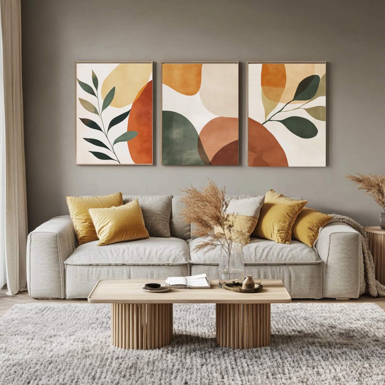 Set of 3 Abstract Boho Wall Art Prints, Minimalist Botanical Shapes in ...