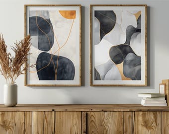 Abstract Black Grey Gold Print Set, Modern Minimalist Art (Digital Download) B43