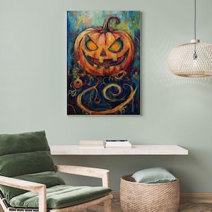 Halloween Pumpkin Wall Art Print – Spooky Jack O’Lantern Painting, Colorful Gothic Halloween Decor,Scary Pumpkin Artwork Digital Download(3)
