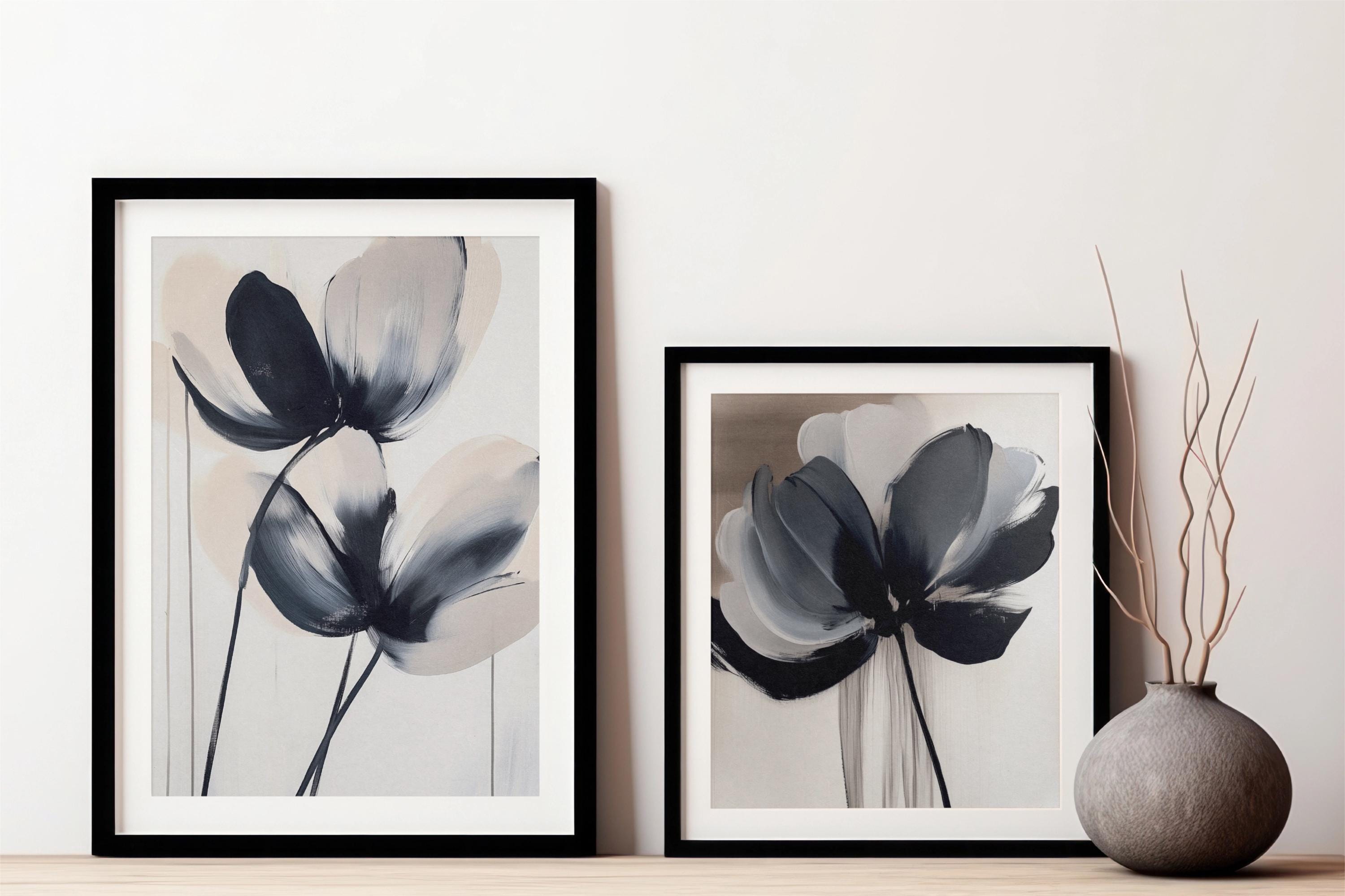 Abstract Floral Wall Art Set: Black Beige Botanical Prints (digital ...