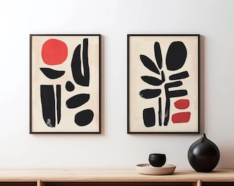Abstracte geometrische kunstafdrukken | Minimalistisch zwart, rood, beige (digitale download) B40