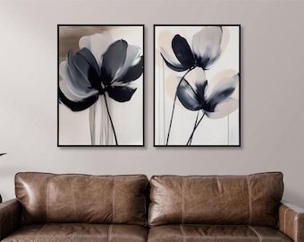Floral Wall Art Set: Black Beige Abstract Prints, Japandi Decor (Digital Download)