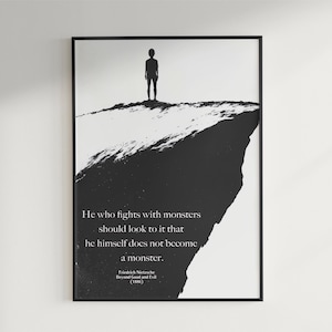 Nietzsche Quote Minimalist Poster – “He Who Fights With Monsters” – Black and White Printable Wall Art – Philosophical Modern Decor