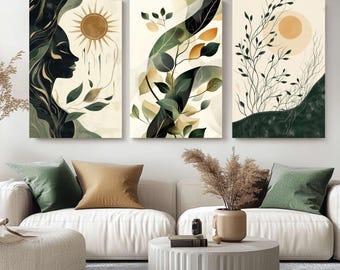 May include: Three abstract art prints featuring a green, gold, and white colour scheme. The prints depict stylized leaves, branches, and a sun.