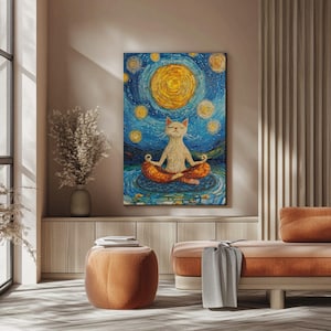 Gato Yogui bajo una noche estrellada - Impresión artística digital de Gato Yogui, decoración de yoga caprichosa, arte mural consciente para amantes de los gatos, descarga instantánea