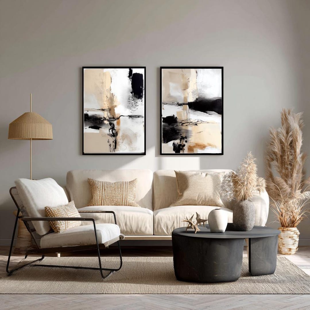 Abstract Beige and Black Brushstroke Prints, Modern Wall Art Set ...