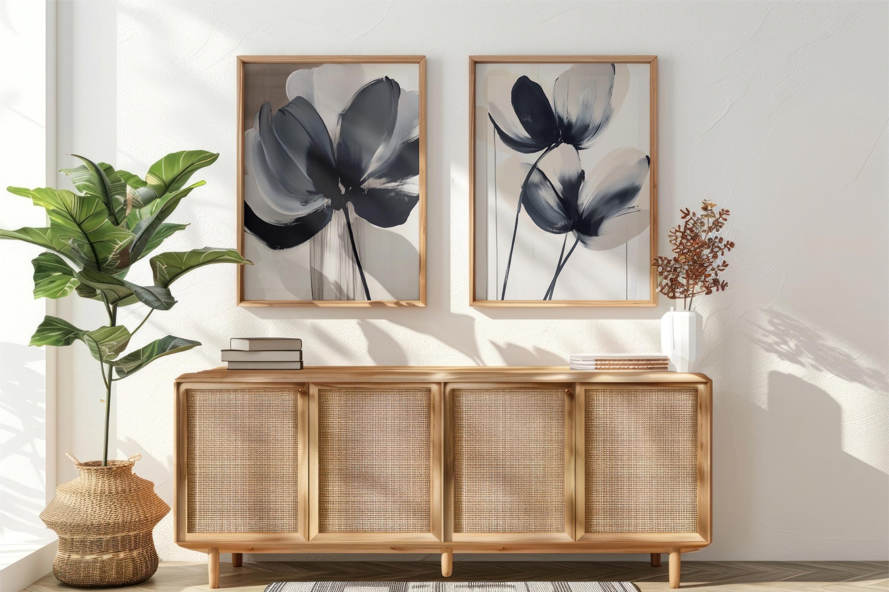 Abstract Floral Wall Art Set: Black Beige Botanical Prints (digital ...