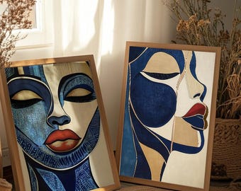 Afrocentric Woman Portrait Art Prints: Blue Abstract Wall Decor (Digital Download) AF10