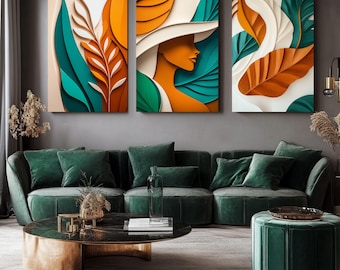 Può includere: Tre stampe d'arte astratta con un design in carta a strati. Le stampe presentano il viso di una donna, foglie e forme geometriche in tonalità di arancione, verde e bianco.