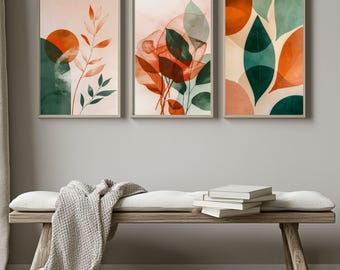 Può includere: Tre stampe d'arte astratta con un design minimalista che presenta forme sovrapposte in tonalità di arancione, verde e beige. Le stampe presentano foglie stilizzate e forme geometriche.