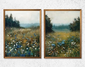 Wildflower Meadow Landscape Art Prints: Rustic Farmhouse Decor (Set of 2) (Digital Download)