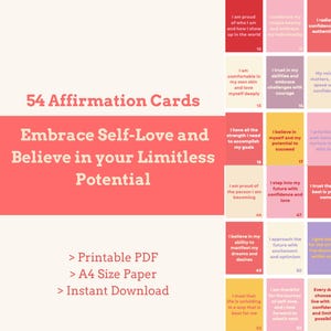 54 tarjetas imprimibles de afirmación de amor propio y confianza, descarga digital, afirmaciones positivas para el autoempoderamiento y el crecimiento personal