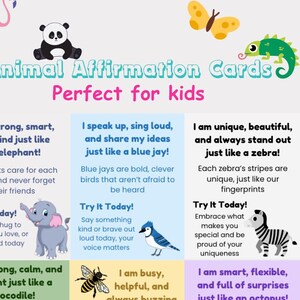 Tarjetas de Afirmaciones de Animales para Niños, Actividades de Concienciación para el Hogar o el Aula, PDF Imprimible, Descarga Instantánea, Desarrolla la Confianza y la Amabilidad