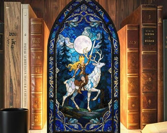 Moonlight Deer Warrior Faux Stained Glass Book Nook: Fantasy Bookshelf Decor