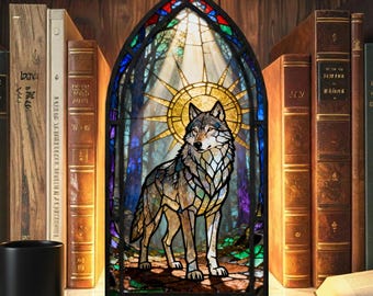 Majestic Wolf Book Nook Gothic Stained Glass Bookshelf Insert Fantasy Decor