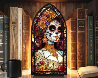Sugar Skull Stained Glass Book Nook, Gothic Calavera Bookshelf Lamp