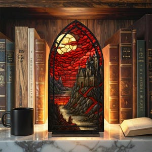 May include: A stained glass panel depicting a castle scene with a red sky and a full moon. The panel is set in a wooden frame and sits on a shelf with books and a black mug. The artwork evokes a gothic or fantasy theme.