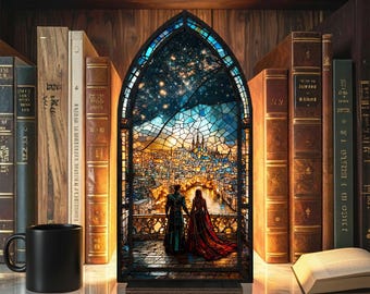 Stained Glass City Book Nook, LED Starry Sky Window Lamp