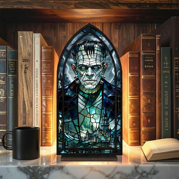 Frankenstein Stained Glass Book Nook, Gothic Horror Bookshelf Lamp