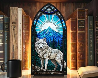 White Wolf Book Nook Faux Stained Glass Book Lover Decoration
